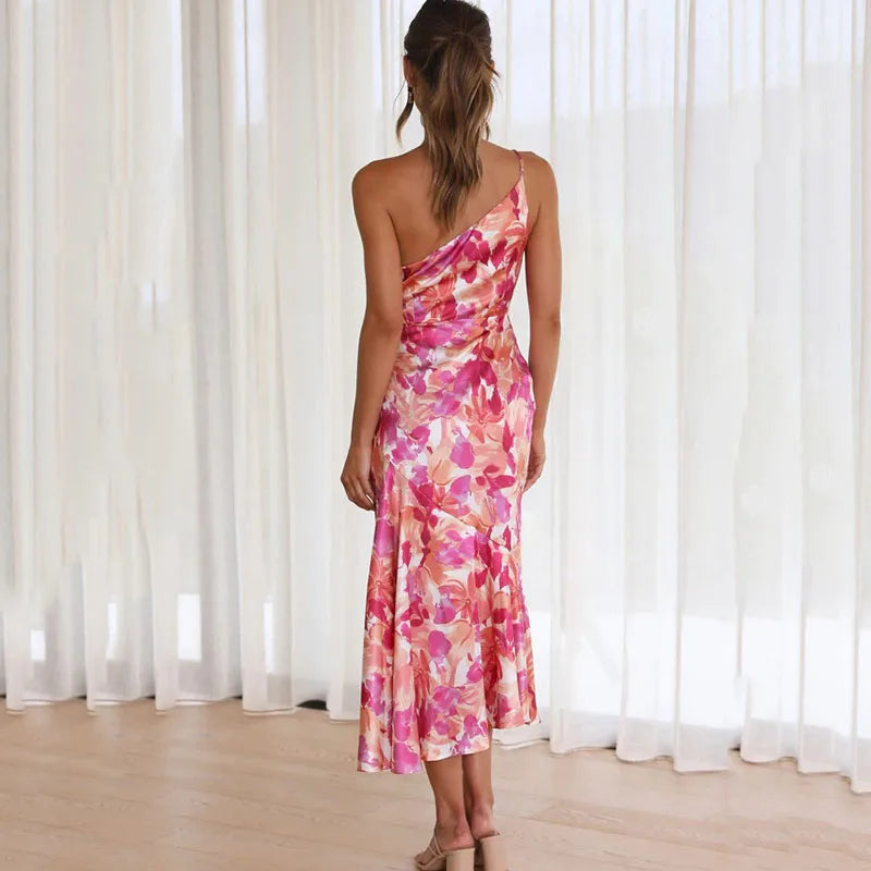 Women's One-Shoulder Midi Dress - Slim Fit - Asymmetrical Neckline - Elegant Floral Print
