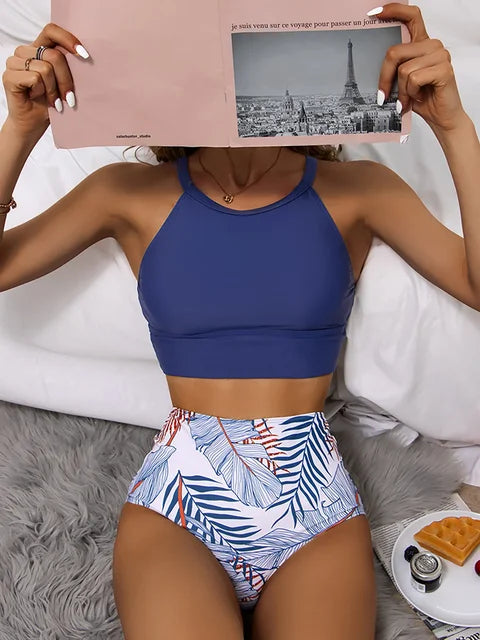 Women’s Bikini Set – High Neck Top – High Waisted Bottom – Stretch Fit – Leaf Print