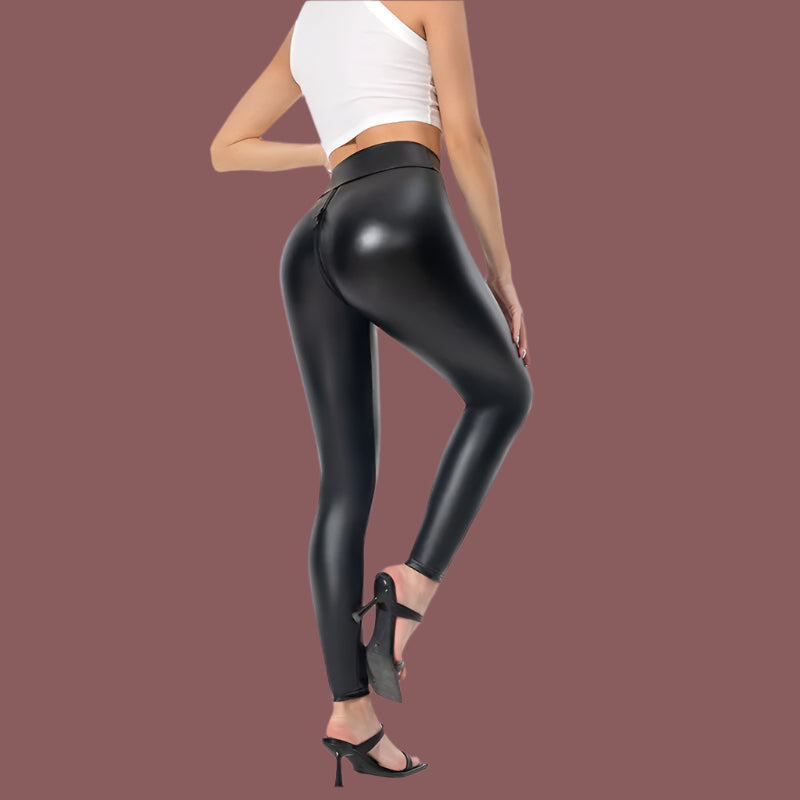 Women’s Pants – Slim Fit – Full Length – Sleek Shiny Finish – Front Zip