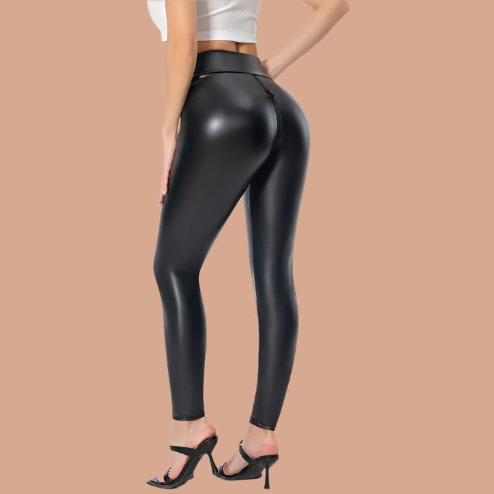 Women’s Pants – Slim Fit – Full Length – Sleek Shiny Finish – Front Zip