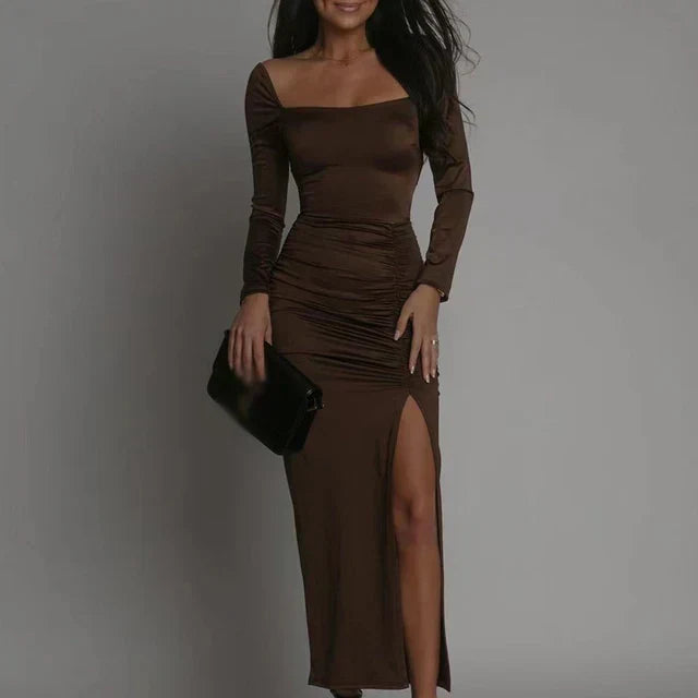 Women's Midi Dress - Square Neck - Long Sleeve - High Slit - Elegant Fit