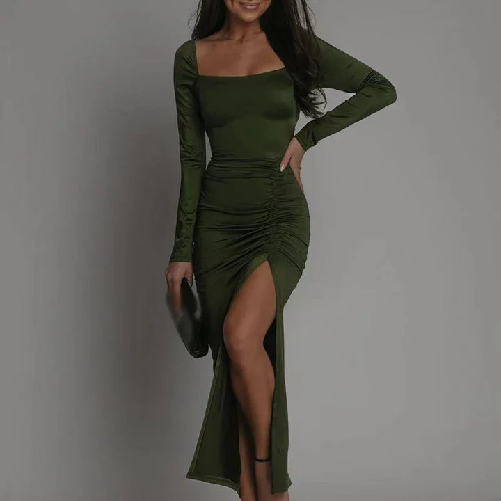 Women's Midi Dress - Square Neck - Long Sleeve - High Slit - Elegant Fit