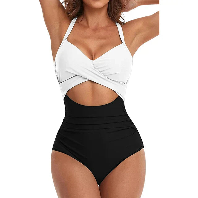 Women’s One-Piece Swimsuit – Cross-Front Wrap – Cut-Out Waist – Breathable Blend