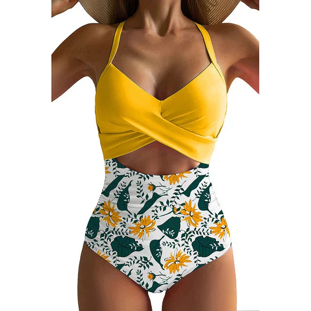 Women’s One-Piece Swimsuit – Cross-Front Wrap – Cut-Out Waist – Breathable Blend