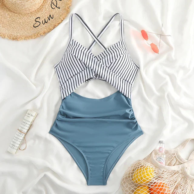 Women’s One-Piece Swimsuit – Cross-Front Wrap – Cut-Out Waist – Breathable Blend