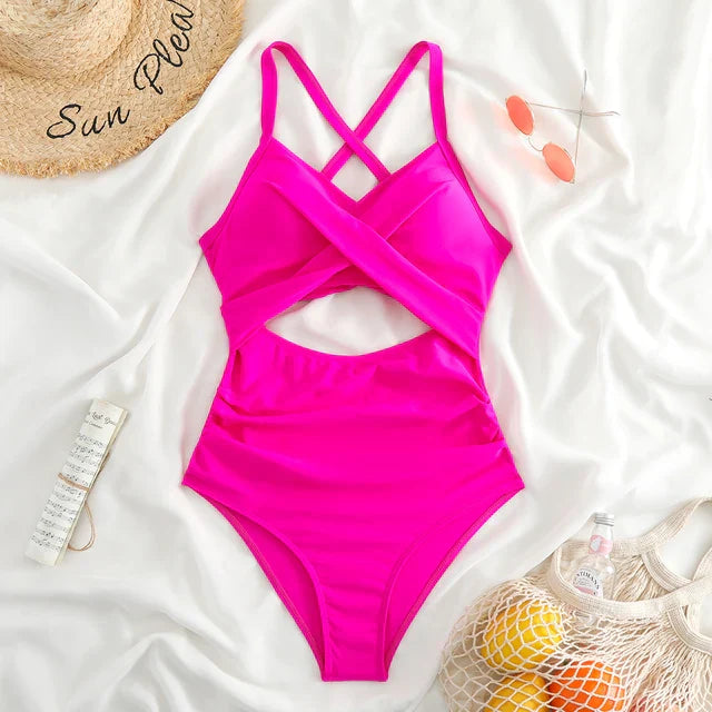 Women’s One-Piece Swimsuit – Cross-Front Wrap – Cut-Out Waist – Breathable Blend