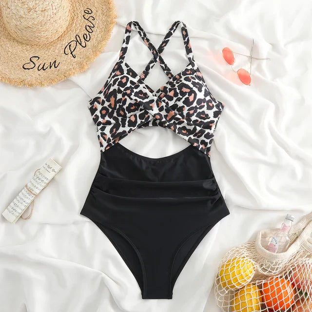 Women’s One-Piece Swimsuit – Cross-Front Wrap – Cut-Out Waist – Breathable Blend