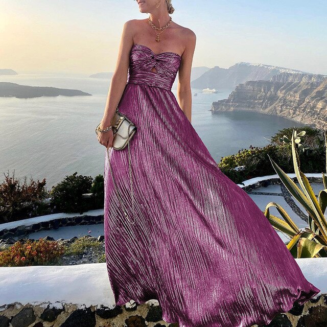 Women's Strapless Evening Gown - Sweetheart Neckline - Pleated Floor-Length Elegant Dress