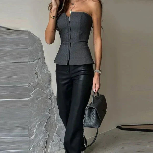 Women’s Strapless Top – Fitted Silhouette – Front Zip – Peplum Hem – Sleek Fabric Finish