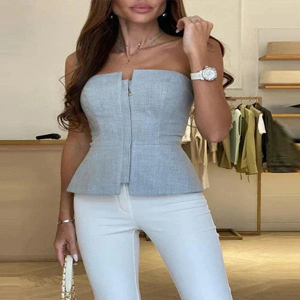 Women’s Strapless Top – Fitted Silhouette – Front Zip – Peplum Hem – Sleek Fabric Finish