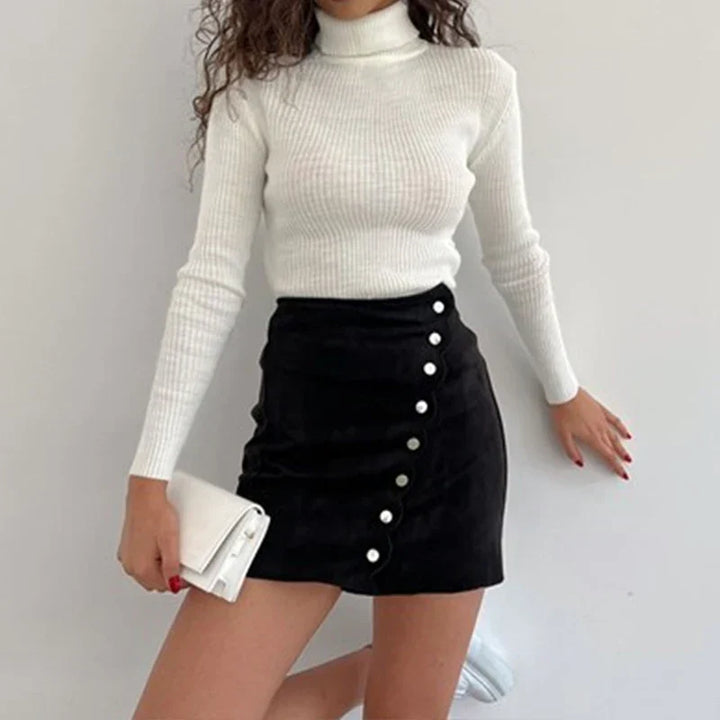 Women’s Mini Skirt - High Waist - Asymmetric Button Detail - Soft Structured Fabric