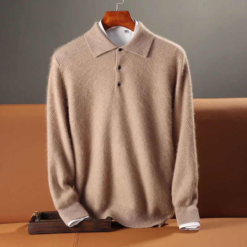 Men’s Polo Sweater - 100% Wool - Relaxed Fit - Long Sleeve - Ribbed Hem & Cuffs