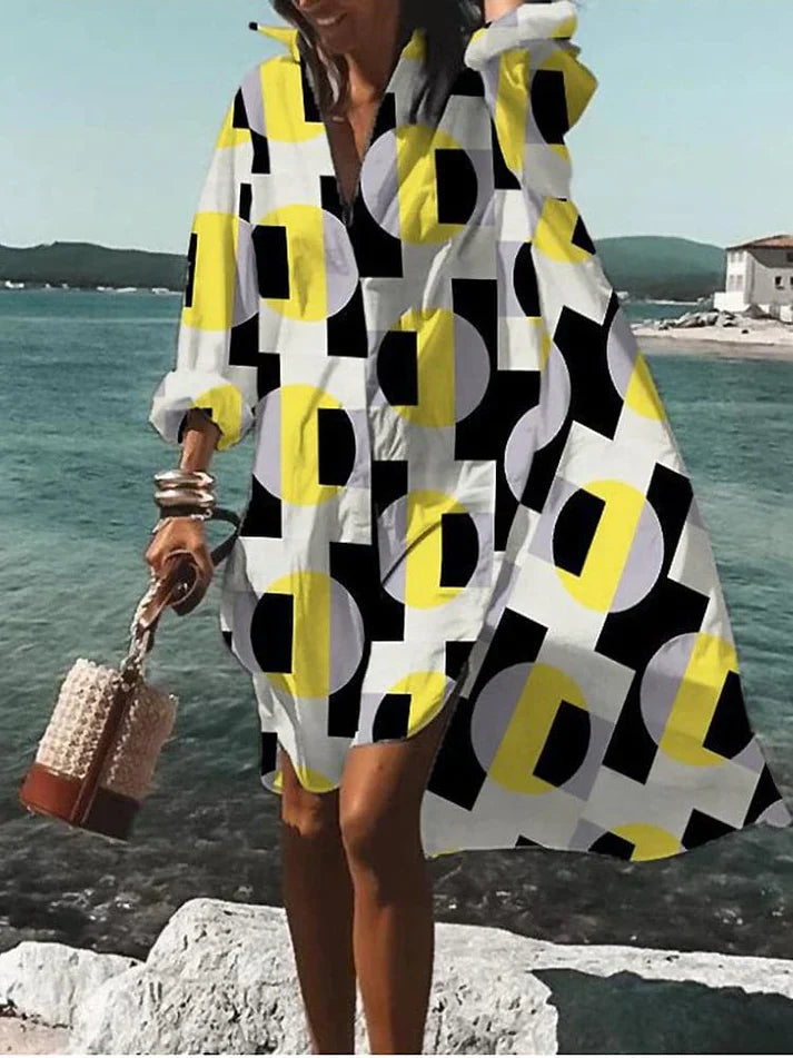 Women's Geometric Dress - Loose Fit - V-Neck - Long Sleeve Flowy Casual Wear