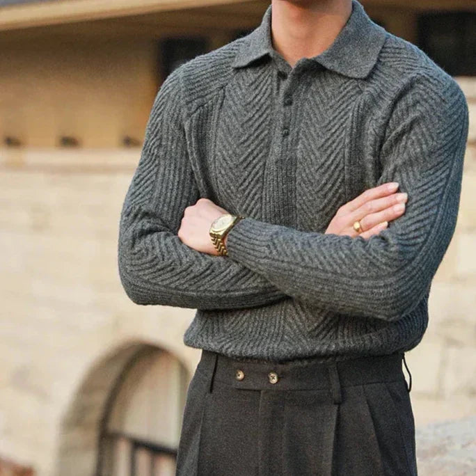 Men’s Knitted Sweater – Slim Fit – Cable Knit – Polo Collar – Long Sleeve