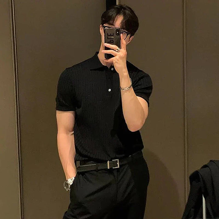 Men’s Polo Shirt - Slim Fit - Ribbed Soft Knit - Short Sleeve Smart Casual Style