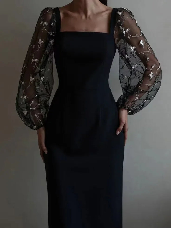 Women’s Midi Dress – Slim Fit – Sheer Embroidered Sleeves – Square Neck – Elegant Silhouette