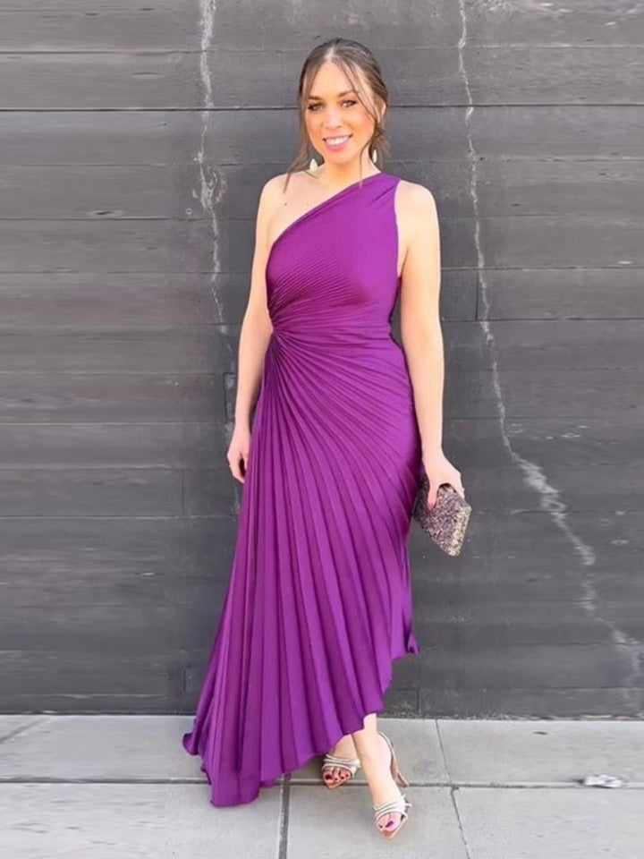 Women's Evening Gown - One-Shoulder - Pleated Draped Design - Floor-Length Elegant Fit