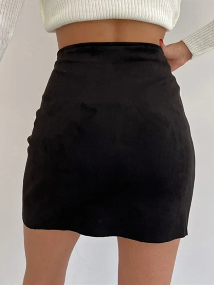 Women’s Mini Skirt - High Waist - Asymmetric Button Detail - Soft Structured Fabric