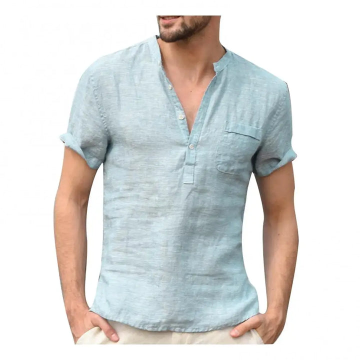 Men’s T-Shirt – Relaxed Fit – Natural Fibers – Short Sleeve – Button Placket – Chest Pocket