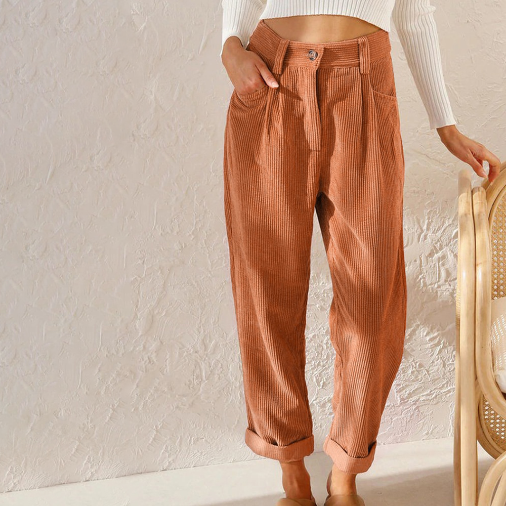 Women’s Corduroy Pants - High Waist - Pleated Front - Relaxed Fit - Ribbed Texture