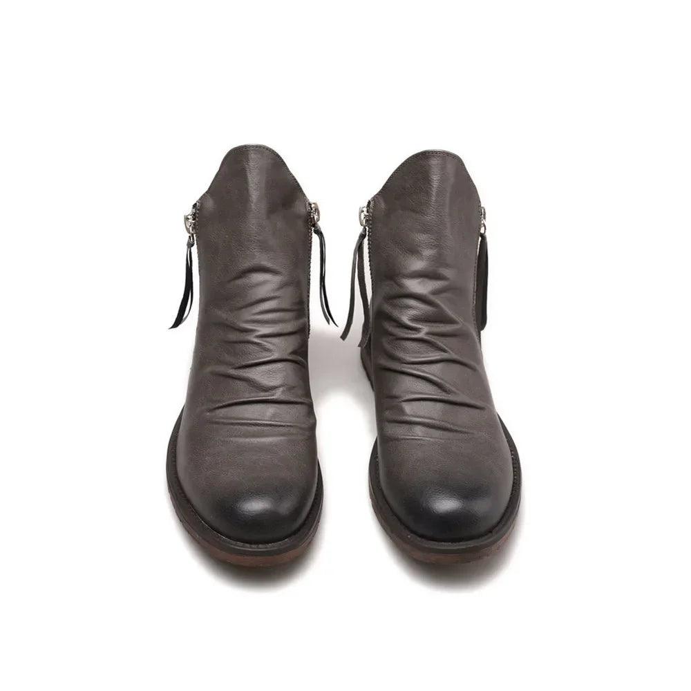 Men’s Ankle Boots – Leather-Look Finish – Side Zipper – Sleek Fit – Low Heel