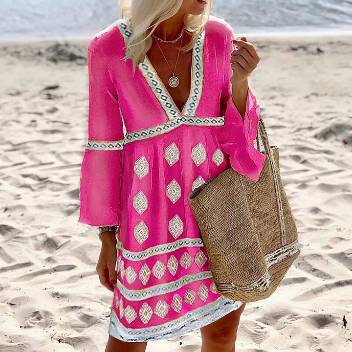 Women's Bohemian Dress - V-Neck Knee-Length - 3/4 Sleeve Loose Fit - Embroidered Casual Wear