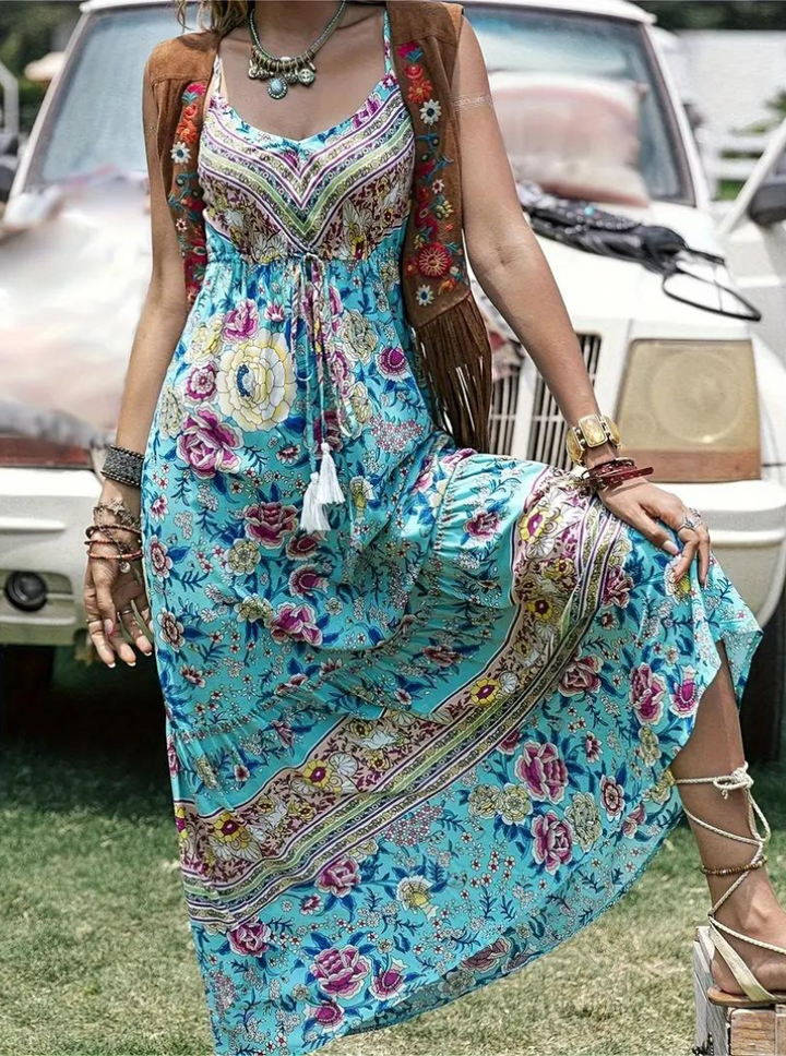 Women's Maxi Dress - Bohemian Floral Print - V-Neck Spaghetti Strap - Flowy Tiered Fit