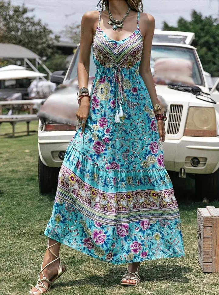 Women's Maxi Dress - Bohemian Floral Print - V-Neck Spaghetti Strap - Flowy Tiered Fit