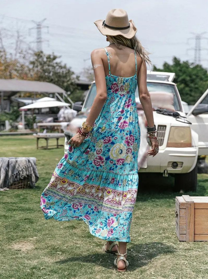 Women's Maxi Dress - Bohemian Floral Print - V-Neck Spaghetti Strap - Flowy Tiered Fit