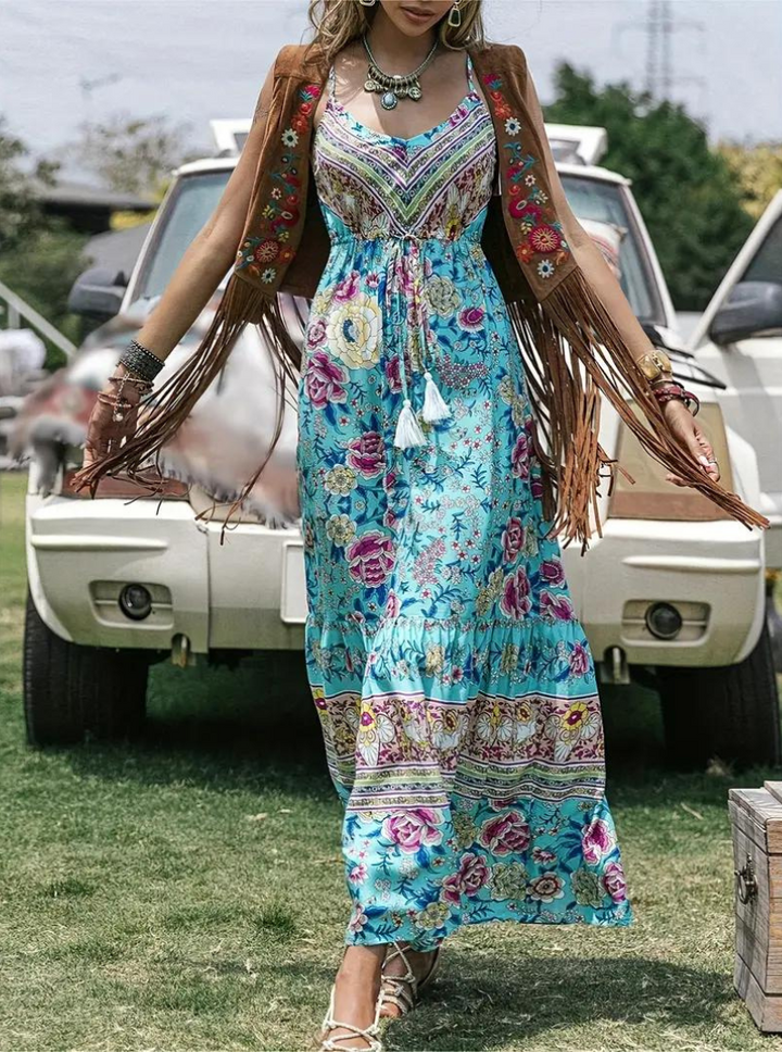 Women's Maxi Dress - Bohemian Floral Print - V-Neck Spaghetti Strap - Flowy Tiered Fit