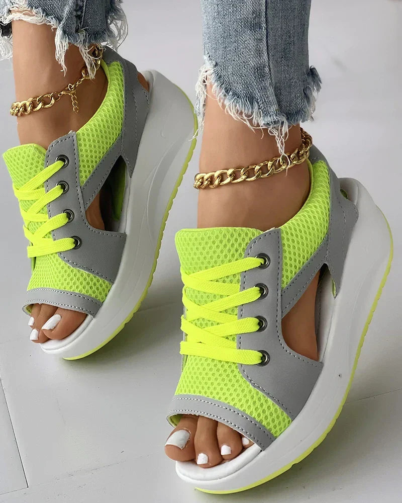 Women’s Lace-Up Sandals – Open Toe – Platform Sole – Breathable Cut-Out Design