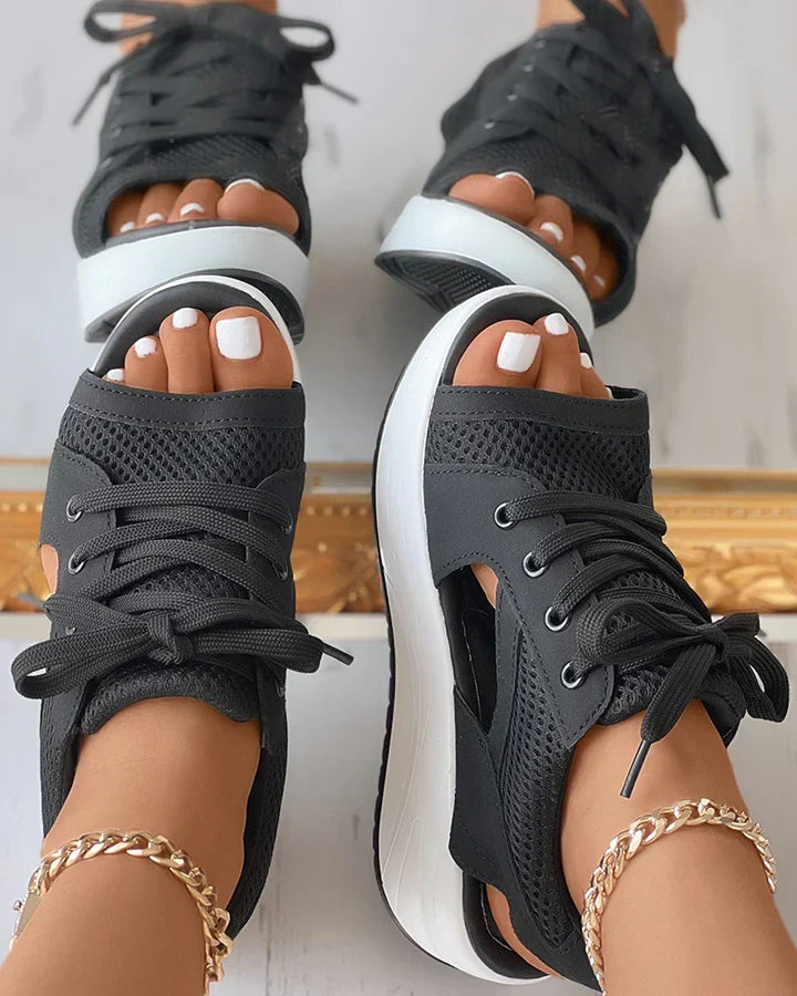 Women’s Lace-Up Sandals – Open Toe – Platform Sole – Breathable Cut-Out Design