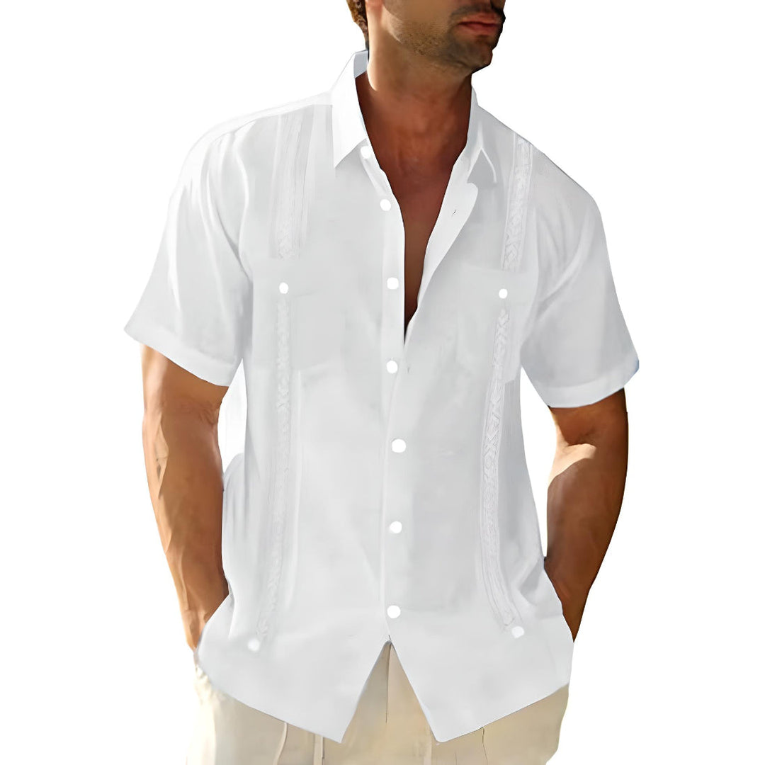 Men’s Button-Up Shirt – Relaxed Fit – Embroidered Front – Breathable Blend – Short Sleeve