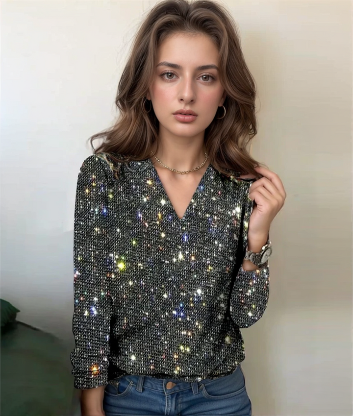 Women’s Sequin Top – V-Neck – Long Sleeve – Regular Fit – Sparkling Party Wear