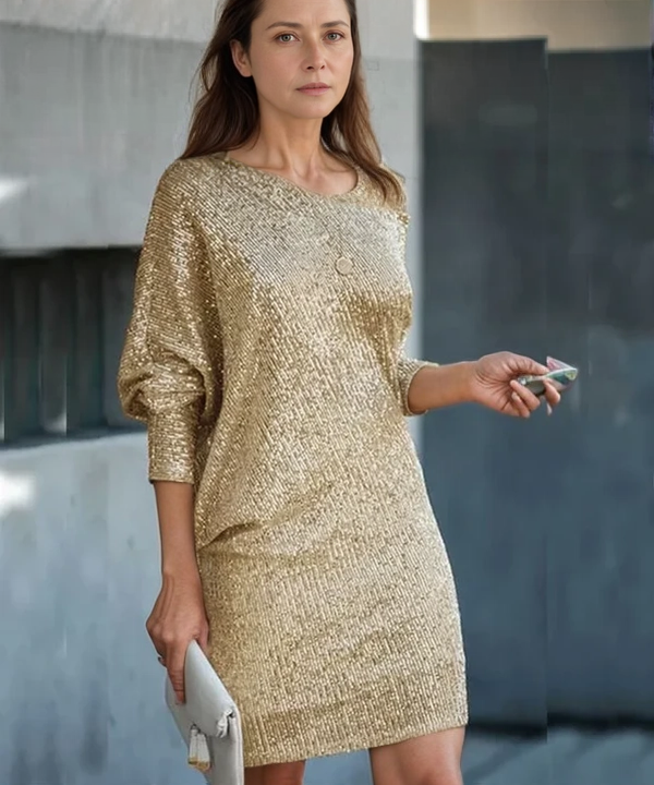 Women’s Mini Dress - Sequin Embellished - Loose Fit - Long Sleeve Elegant Party Wear