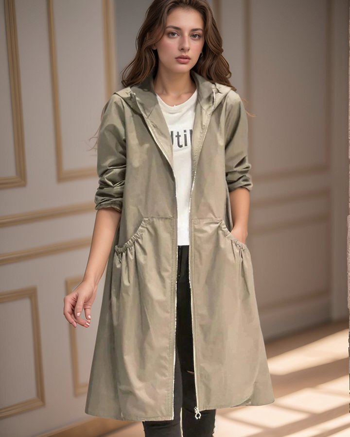 Women’s Hooded Jacket – Relaxed Fit – Knee Length – Zip Front – Casual Wear