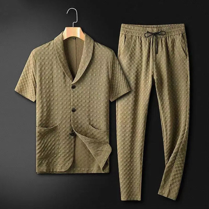 Men’s Blazer and Pants Set – Relaxed Fit – Breathable Blend – Short Sleeve – Elastic Waist