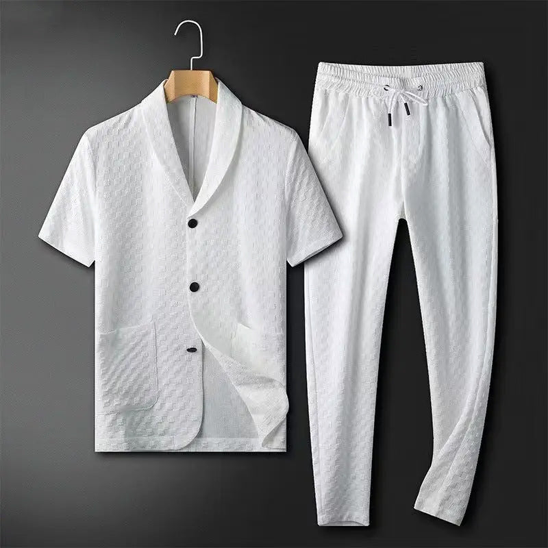 Men’s Blazer and Pants Set – Relaxed Fit – Breathable Blend – Short Sleeve – Elastic Waist
