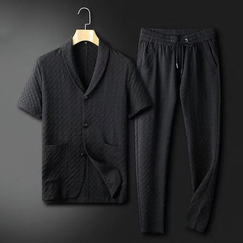 Men’s Blazer and Pants Set – Relaxed Fit – Breathable Blend – Short Sleeve – Elastic Waist