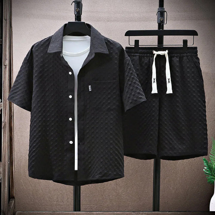 Men’s Streetwear Set – Relaxed Fit Shirt & Shorts – Textured Fabric – Casual Design