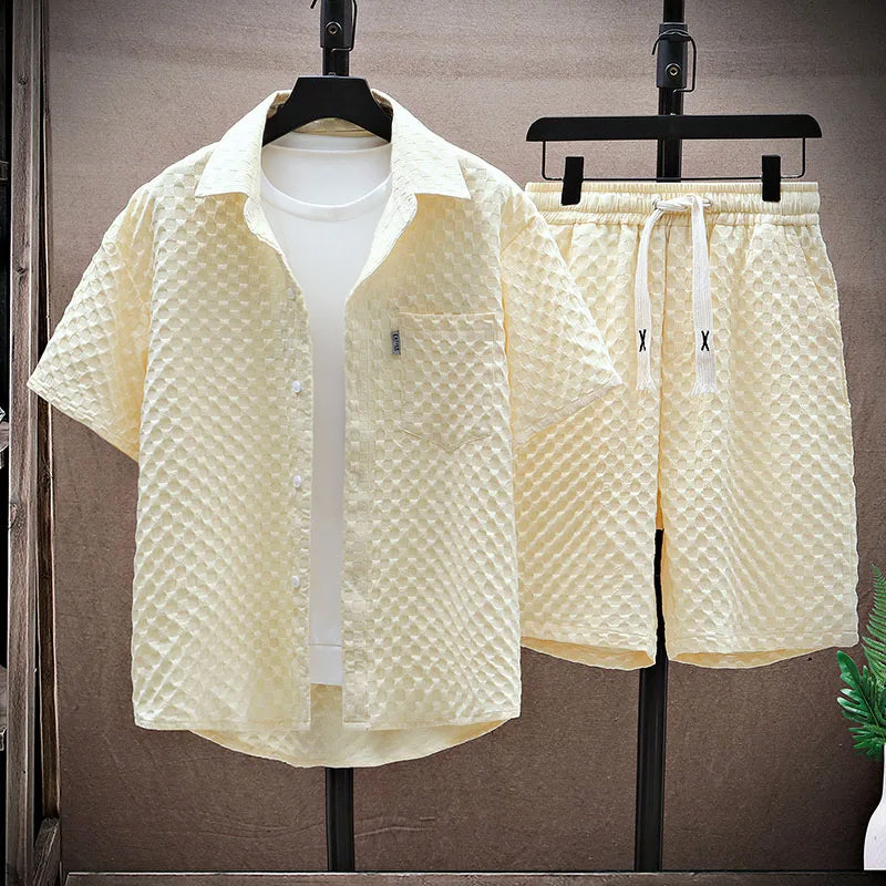 Men’s Streetwear Set – Relaxed Fit Shirt & Shorts – Textured Fabric – Casual Design
