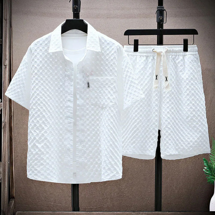 Men’s Streetwear Set – Relaxed Fit Shirt & Shorts – Textured Fabric – Casual Design