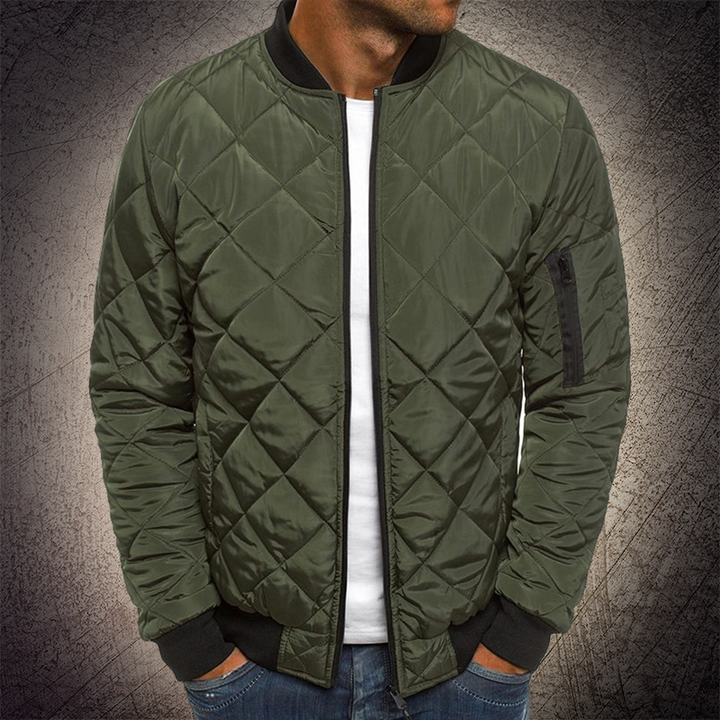 Men's Quilted Bomber Jacket – Ribbed Collar – Zip Front – Sleeve Pocket – Casual Fit