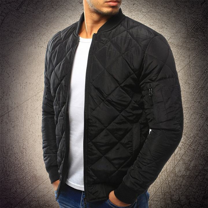 Men's Quilted Bomber Jacket – Ribbed Collar – Zip Front – Sleeve Pocket – Casual Fit