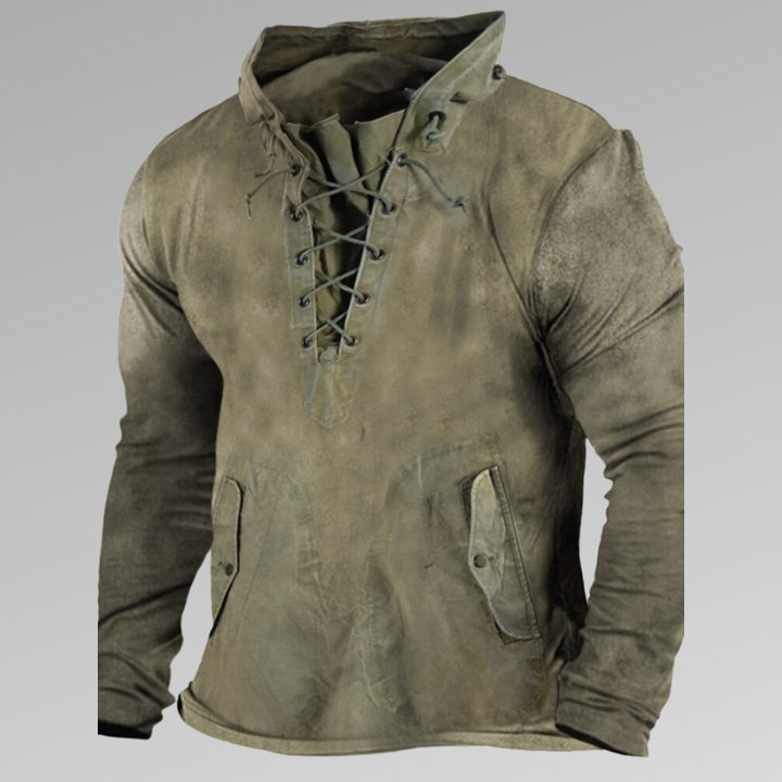 Men’s Long-Sleeve Shirt – Relaxed Fit – Lace-Up Neck – Rugged Fabric – Button Pockets