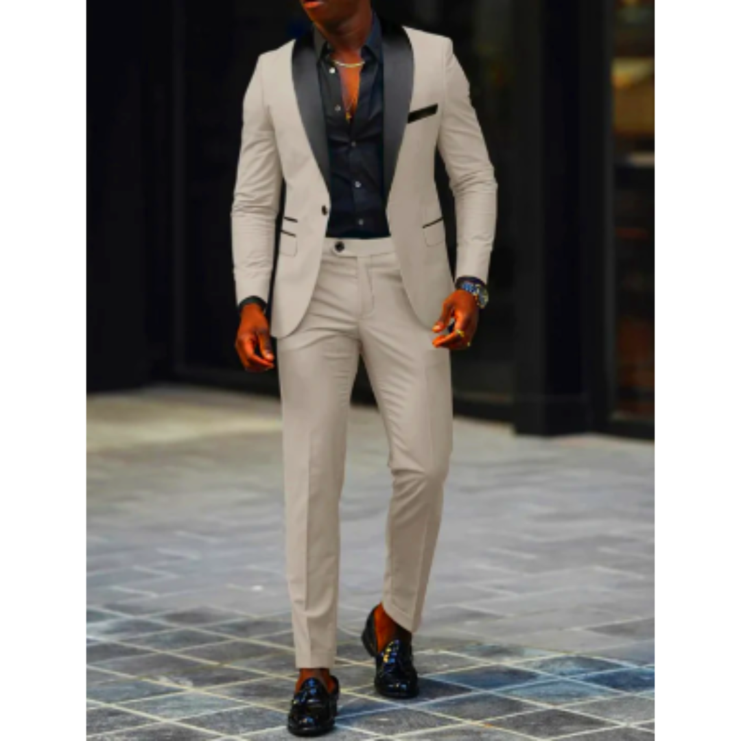 Men’s Slim Fit Suit – Tailored Two-Piece Set – Satin Shawl Lapel – Formal Wool Blend