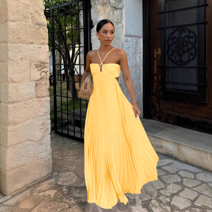 Women’s Maxi Dress - Halter Neck - Pleated Skirt - Bust Cut-Out - Flowy Fit