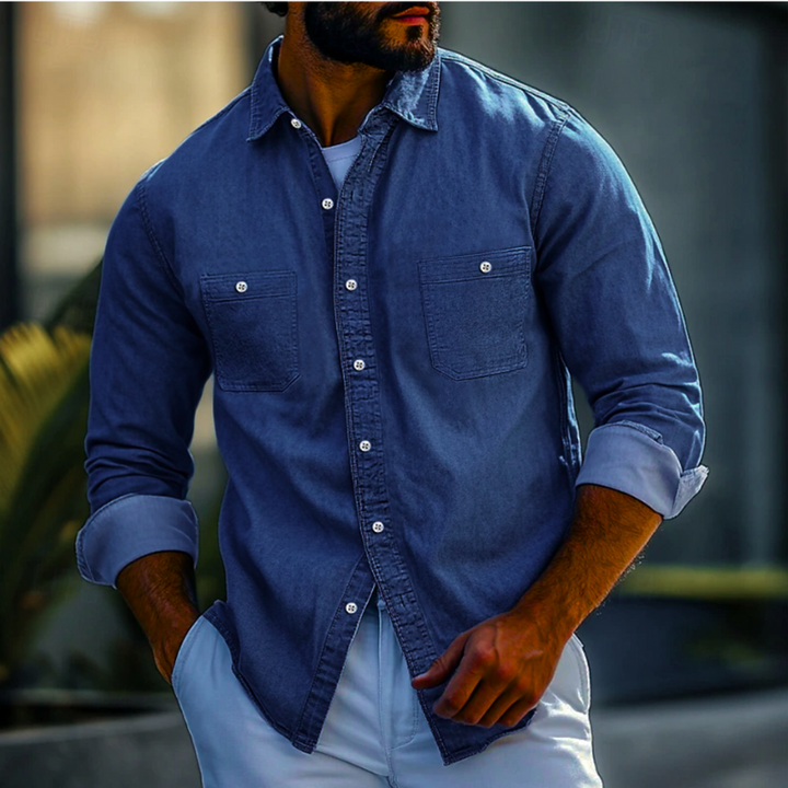 Men’s Denim Shirt - 100% Cotton - Regular Fit - Long Sleeve Casual Button-Up