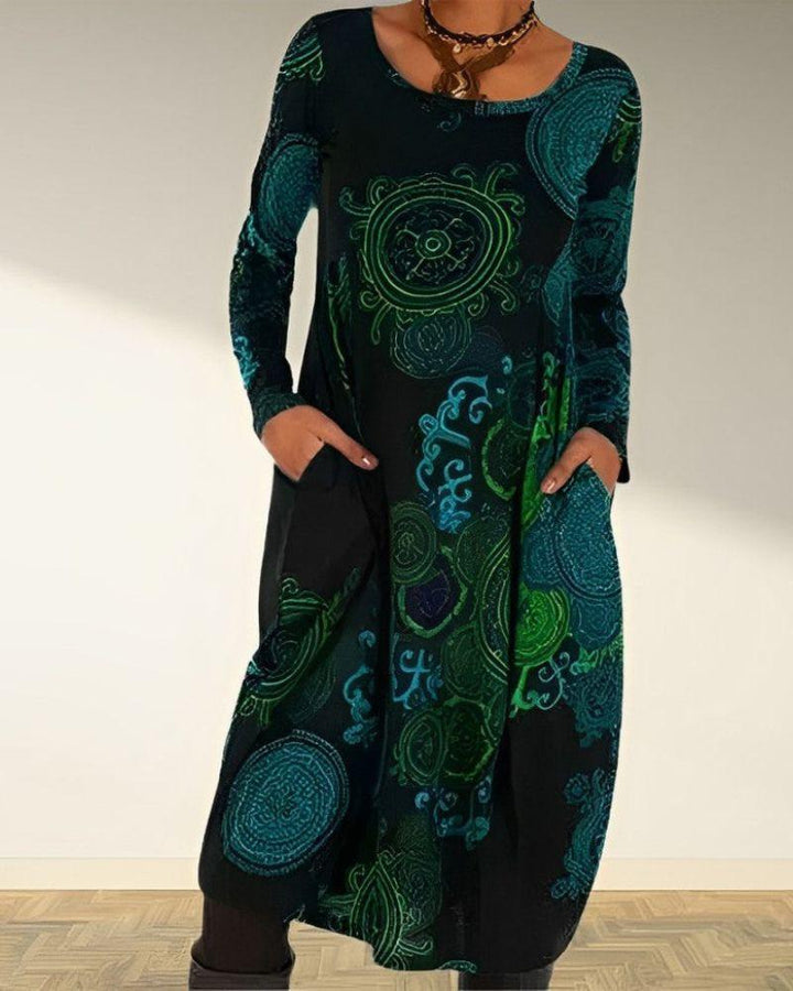 Women's Maxi Dress - Bohemian Print - Long Sleeve - A-Line Relaxed Fit - Round Neck