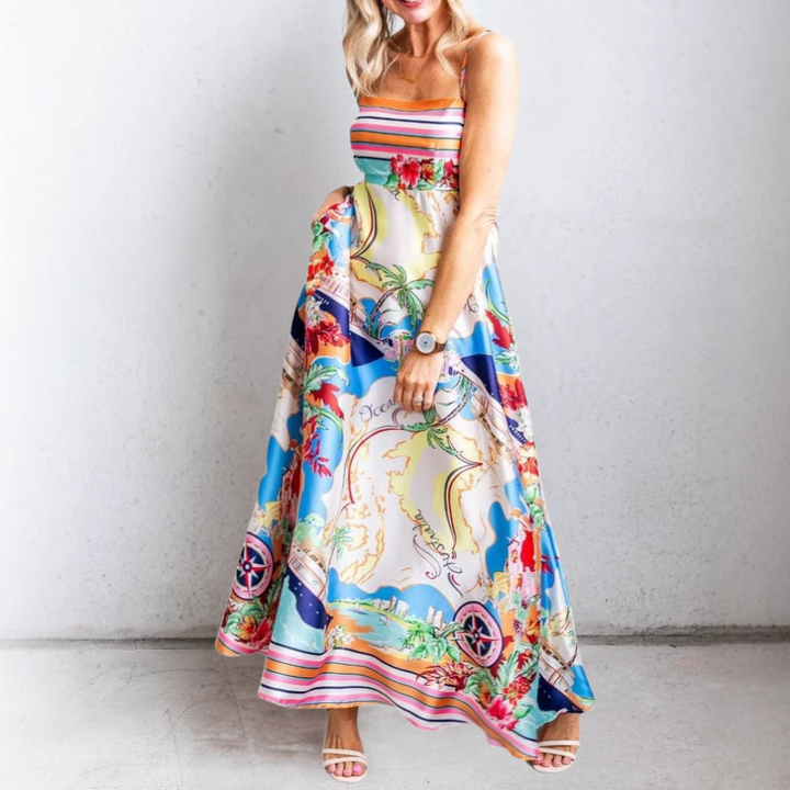 Women’s Maxi Dress – Smocked Bodice – Spaghetti Straps – Flowing Printed Design